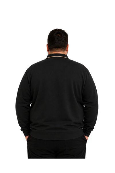 BattalModa Men's Large Size Black Two-Thread Buttoned Polo Collar Sweatshirt 3Xl-4Xl-5Xl-6Xl