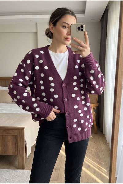 FEMELLE Mürdüm Puantiyeli Oversize Triko Hırka Standart Beden