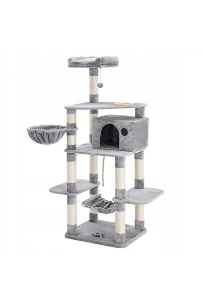 Teno ®   Котешка кула, 4 нива, къщичка, хамак, драскалки, 164 см, светлосив