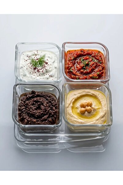 Aşkana Square Glass Bowl Set with 4 Trays – Breakfast, Sauce, Snack, Appetize...