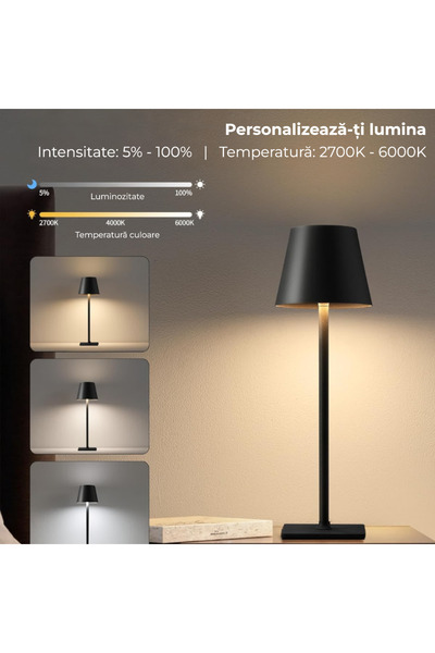 OEM Lampă de masă LED reîncărcabilă, touch, 3 temperaturi de culoare, reglabilă, USB, 38 cm - Alb