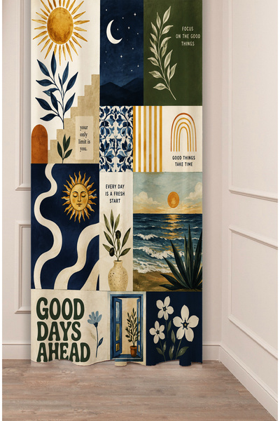 GREENDECOR Bohemian Sun & Coastal Vibes Collage Güneş, Deniz İllüstrasyon Kol...