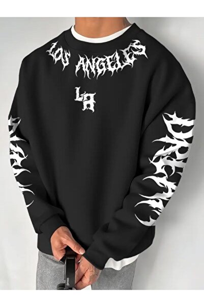 ZAVIXO Oversize Sweatshirt Los Angeles Gothic Tribal Sleeve Print Crew Neck S...