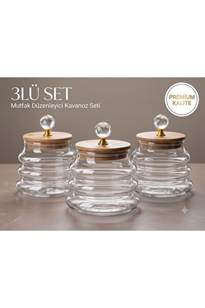 CK House Wavy Borosilicate Glass Jar with Crystal Handle and Bamboo Lid 400ml...