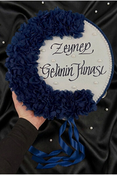 ZEYMERADE Lacivert Gelin Tefi, Kordonlu İncili Ve Lazer Çiçek Süslemeli 30cm,...