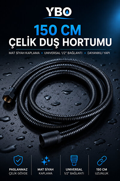 YBO 150 CM Siyah Çelik Duş Hortumu Mat Siyah Spiral Banyo Duş Başlığı Seti Ho...