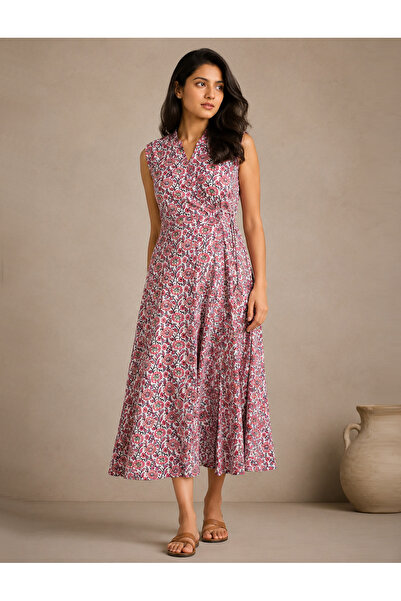 ORVANCE Cotton Block Printed Long Tie Wrap Dress With Side Tassles