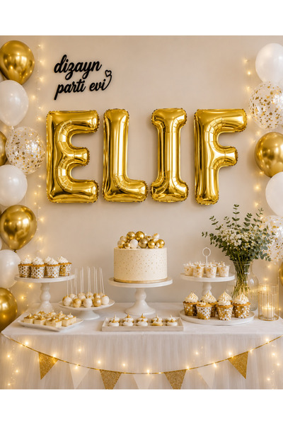 Dizayn Parti Evi ELİF 74 cm Folyo Harf Balon Seti Gold ve Gümüş İsim Balonu D...