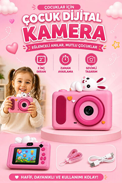 Vothoon Mini Çocuk Kamerası 2 İnç Ekranlı Fotoğraf Video Çekimli Şarjlı Silik...