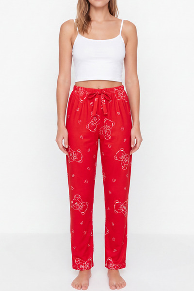 Pijahane Kadın Kırmızı Ayıcık Desenli Pijama Altı Rahat Kesim Ev Giyim Pantolonu