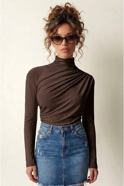 AÇELYA TEKSTİL Drawstring High Collar Body-Fitting Stretchy Knitted Luxury Women's T-Shirt