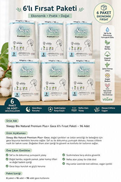 Sleepy Bio Natural Premium Plus+ Gece 6’lı Fırsat Paketi – 96 Adet