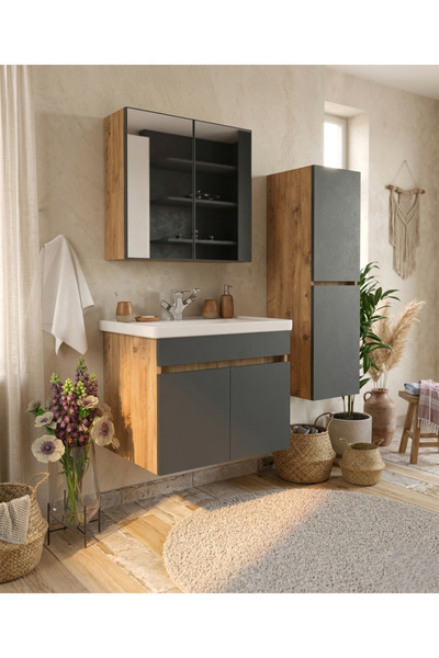 MEBELLİFE VİONA HAVLU DOLAPLI 65 CM SERAMİK LAVABOLU MDF AYNALI BANYO DOLABI ...