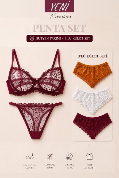 Valunor Penta Set 4 Glam Bordo Sütyen Takım ve Brazilian Dantelli 3’lü Külot Fantezi İç Çamaşırı Takımı 5’li
