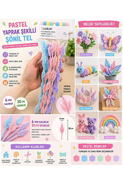 Genel Markalar 🌸 Pastel Yaprak Şekilli Şönil Tel 6 mm x 30 cm | Renkli Tüylü...