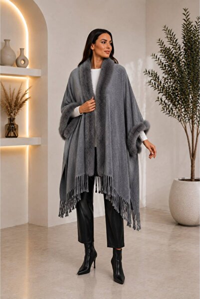 HIRA CO. Women's Outerwear Knitwear Poncho with Fur Detail and Tassels, Shawl...