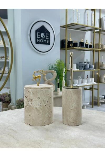 ege gross Decorative Natural Travertine Marble Trash Bin / Brush Gold Bathroo...