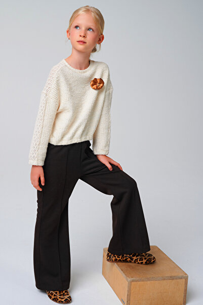 SheShe Cream Color Knitted Blouse and Brown Trousers Girl's Set