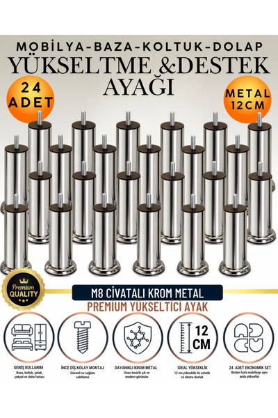 KAYRA LEATHER CRAFT 24 Adet 12 Cm M8 Vidalı Metal Krom Ayak Mobilya Ayağı Baz...