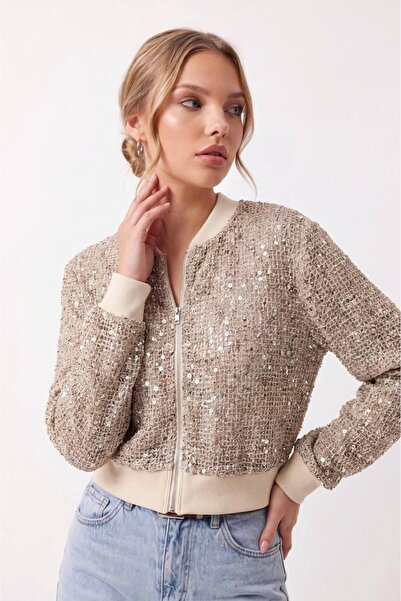 MODA DURAĞI Sequined Bomber Jacket Beige