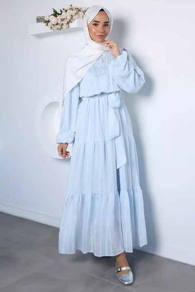 TOZLU Buttoned Front Hijab Dress with Elastic Waist and Ankle Belt Detail