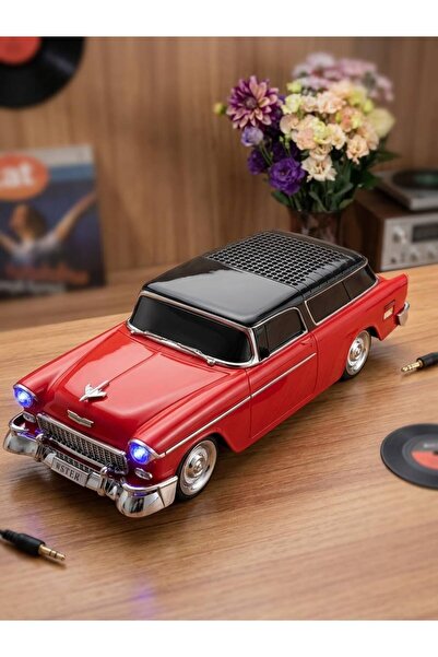 İmza Çiçek & Hediye A Kalite Nostaljik Kırmızı Klasik Araba Tasarımlı Işıklı Bluetooth Hoparlör ve Dekoratif Araba AUX-USB-BLUETOOTH
