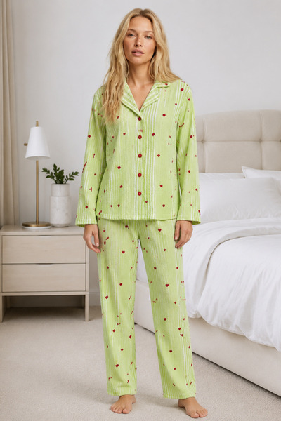 FİT WOMEN Women's Home Wear Comfortable Green Pajama Set 4660