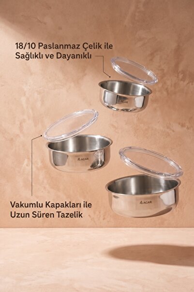 ACAR Karat 3'lü Paslanmaz Çelik Saklama Kabı Seti