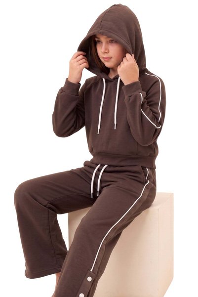 NEWKİDS Girl's Set Children's Long-Sleeved Hooded Outfit with Snap Fasteners and Detailed Full Fit Design.