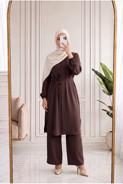 Holehola Fergül Hakim Collared Tunic Long Pants Set-Ey963 Brown