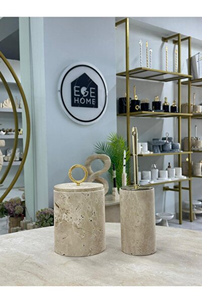 ege gross Decorative Natural Travertine Marble Trash Bin / Brush Gold Bathroo...