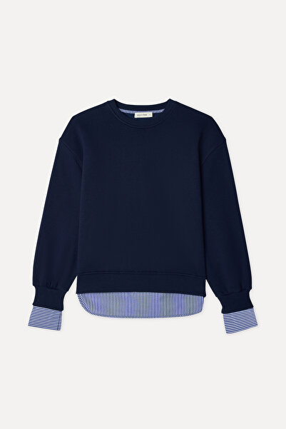 Mudo Women's Navy Blue Striped Oversize Crew Neck Sweatshirt