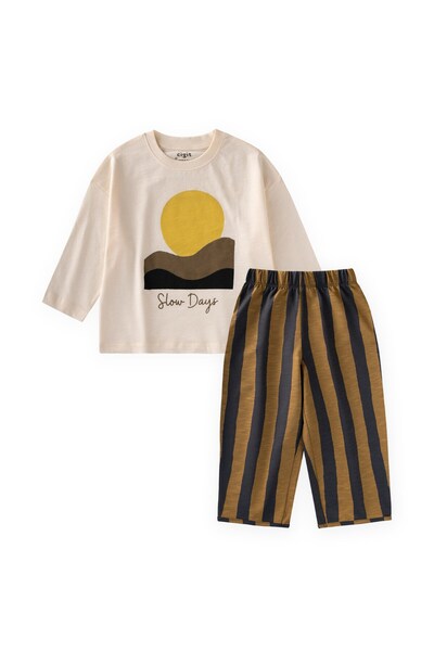 Cigit Oversize Printed Seasonal Suit for 2-10 Years Old Ecru Green Striped