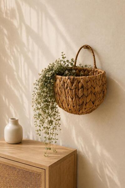 İLİVA Hand Knitted Wicker Wall Basket with Straps Decorative Flower Pot Bohem...