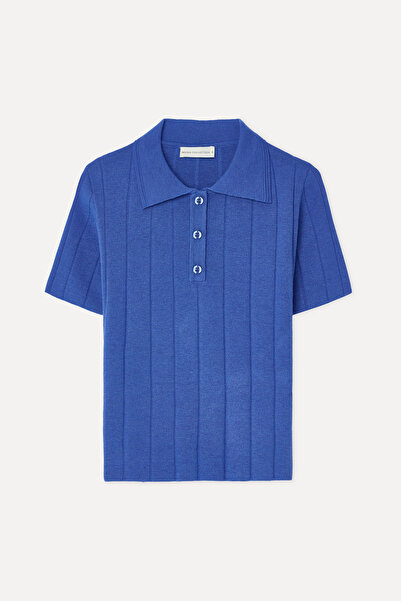 Mudo Women's Blue Polo Collar Short Sleeve Knit Sweater