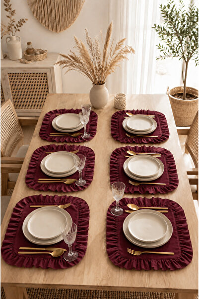SADEN HOME Firfirli Kare 6-Piece Plate Set, American Style 35 Cm, Burgundy Color