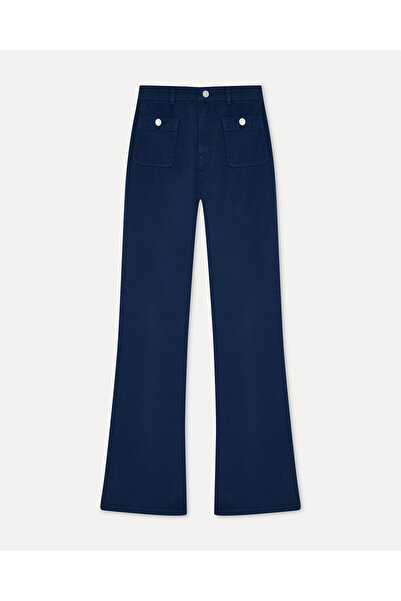 Mudo Women's Navy Blue Flare Fit Pants with Pocket Detail