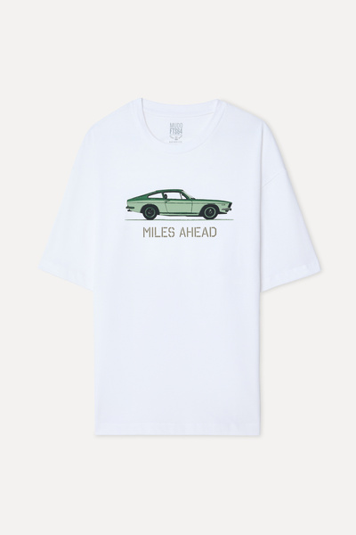Mudo Men's White Printed Oversize Crew Neck T-Shirt