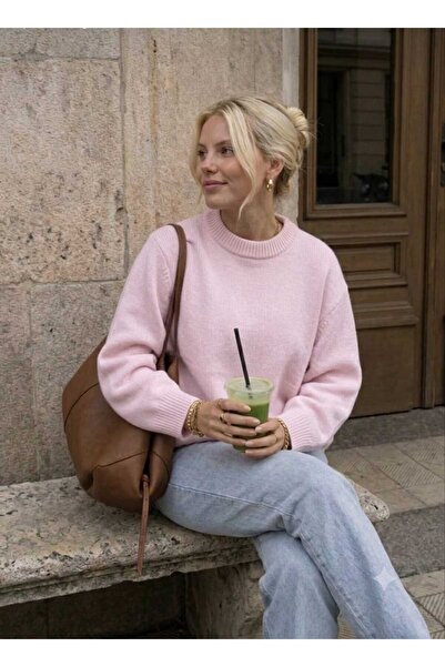 LocaMz Women's Pink Oversize Knitwear Sweater - Soft Textured Crew Neck