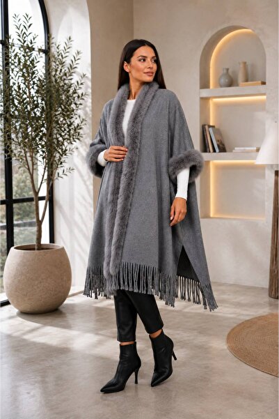 SFG Women's Knitwear Poncho with Fur Detail and Tassels, Shawl Collar Poncho