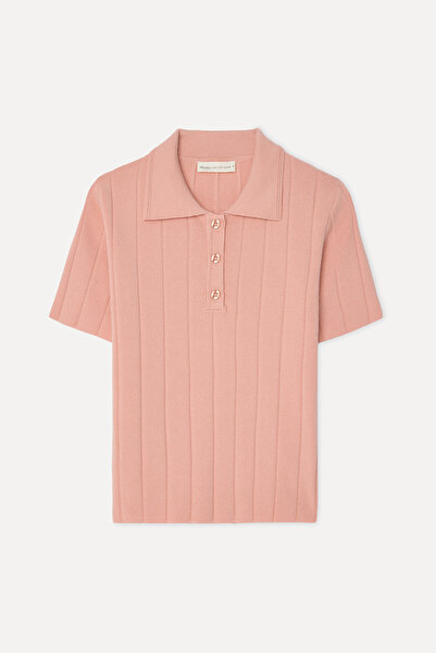 Mudo Women's Pink Polo Neck Short Sleeve Knit Sweater
