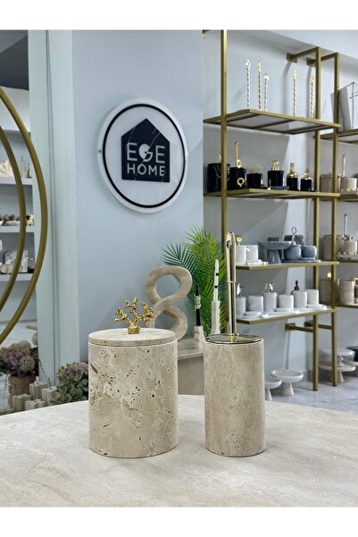 ege gross Decorative Natural Travertine Marble Trash Bin / Brush Gold Bathroo...