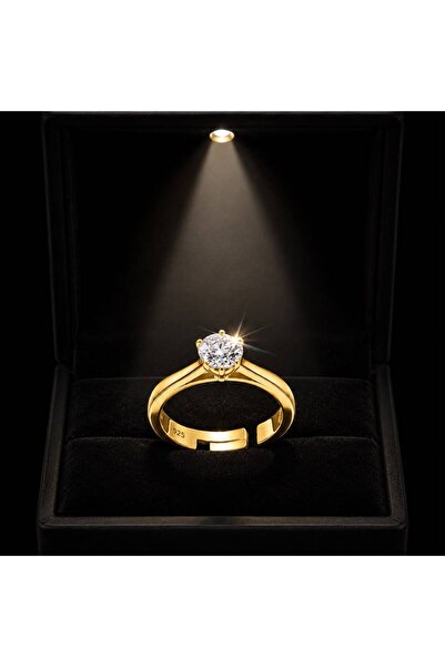 anadolusilver Işıklı Kutuda Tektaş 925 Ayar Gümüş GOLD Ayarlanabilir Nişan Ev...