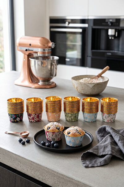 wise tree 12'li Çiçek Desenli İçi Gold Muffin Kalıbı Cupcake Kapsülü Kek Pişirme Kağıdı