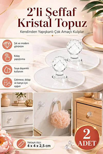 TUMU LIFE 2’li Şeffaf Kristal Topuz Kendinden Yapışkanlı Çekmece Kulpu Askı T...