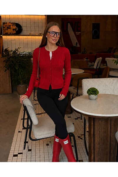 MAISONE Red Hair Braid Patterned Crew Neck Buttoned Women's Knitwear Cardigan...