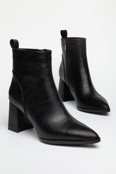 wolfcity Women's Black Pointed-Toe Leather Thick-Heeled Boots
