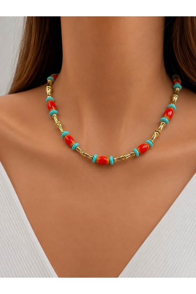 Jerie Gold Orange Bead Detail Necklace