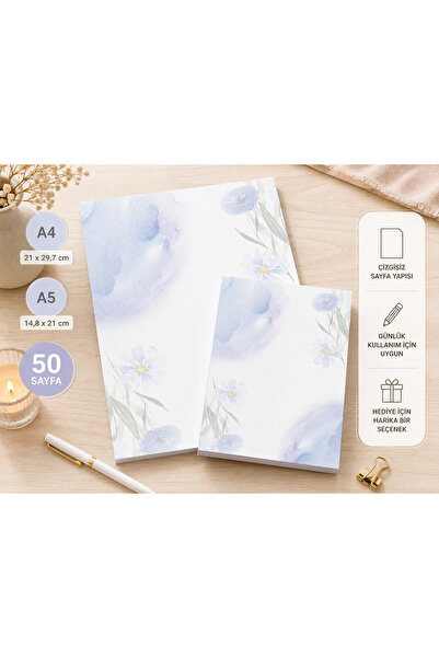 Miray Craft Mavi Çiçek Desenli 2'li Set (A4-A5) Notepad - Not Defteri - Bloknot