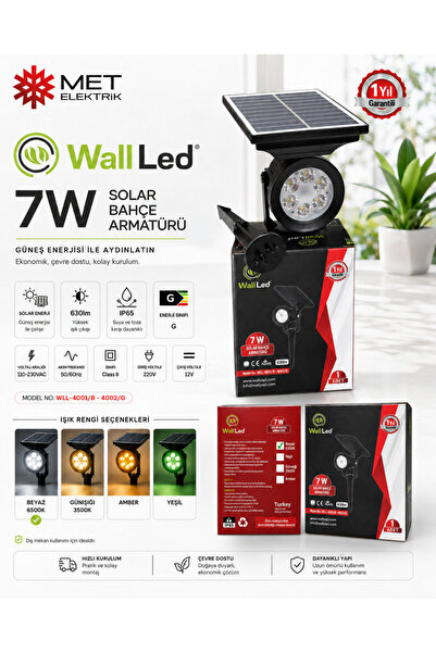 WALLED WallLed 7W Solar Bahçe Armatürü 6500K Beyaz Işık 630 Lümen IP65 Güneş ...